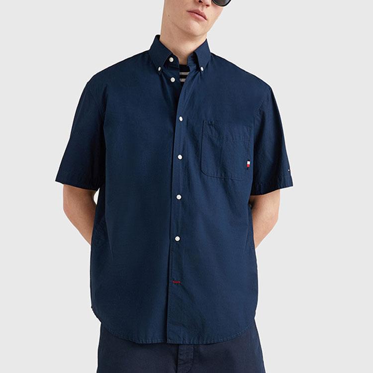 Tommy Hilfiger Solid Color Large Pocket Short Sleeve Shirt Men shirts Navy-Blue MW0MW30901-DW5