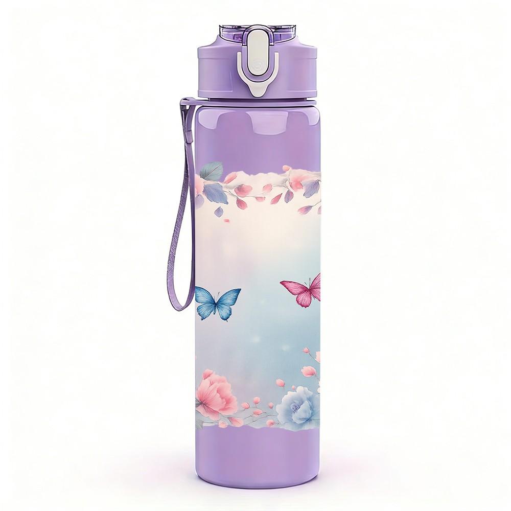 1PC Pink Butterfly Flower Frame Art 750ml Color Plastic Sports Water Bottle Leakproof Flip Straw Lid For Sports Office Home Use