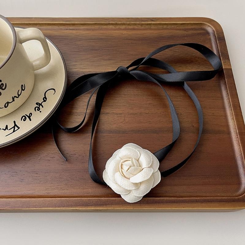 White Flower Collar Bowknot Necklace Chain Temperament Polyester Ribbon Necklace Choker for Women Festival Jewelry