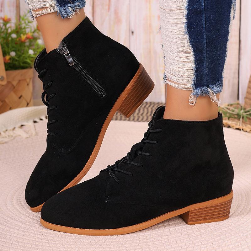 Flat low-heeled Martin boots women's autumn and winter new matte suede short thin boots lace-up side zipper women's boots