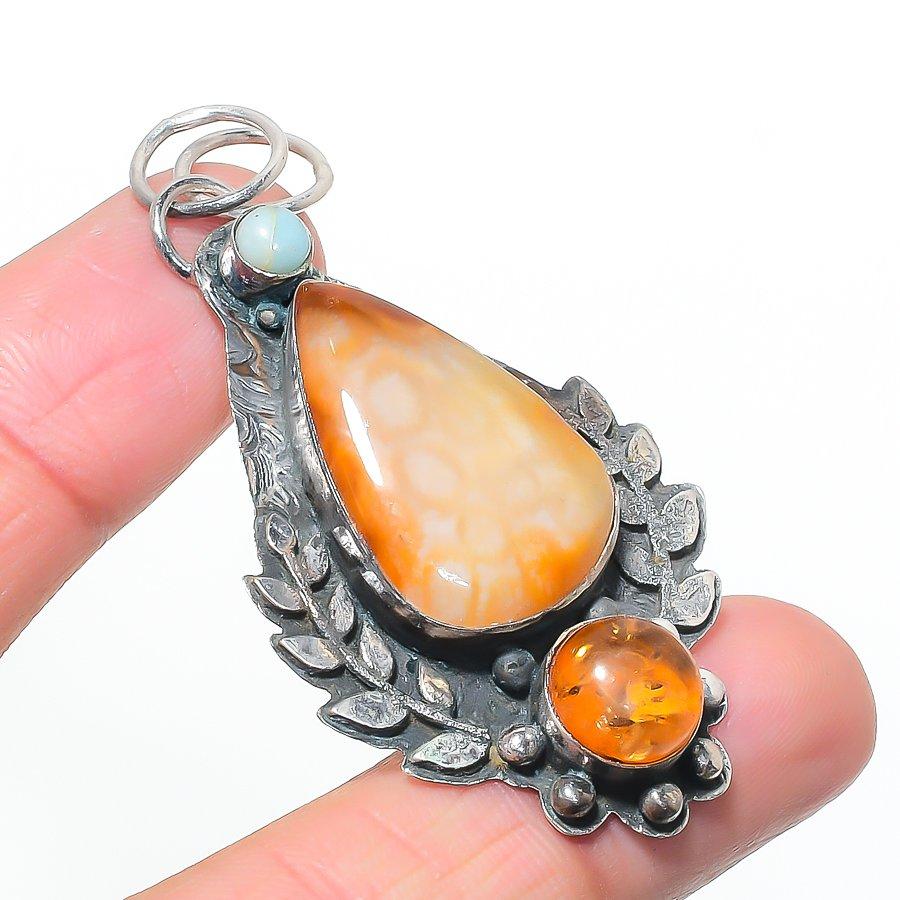 Natural Carnelian, Amber 925 Sterling Silver Jewelry Pendant 2.56  AP-14499