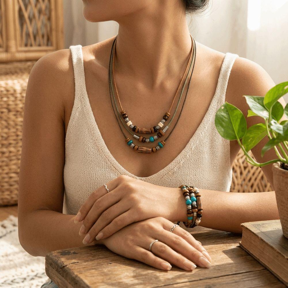Wood Beads Boho Necklace Set Cord Vintage Wooden Bead Jewelry Hand Woven Jewelry Daily Wear