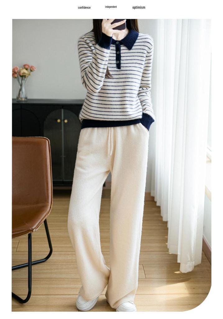 Women's Striped Color Block Polo Neck Knit Sweater - Long Sleeve, Autumn/Winter Top