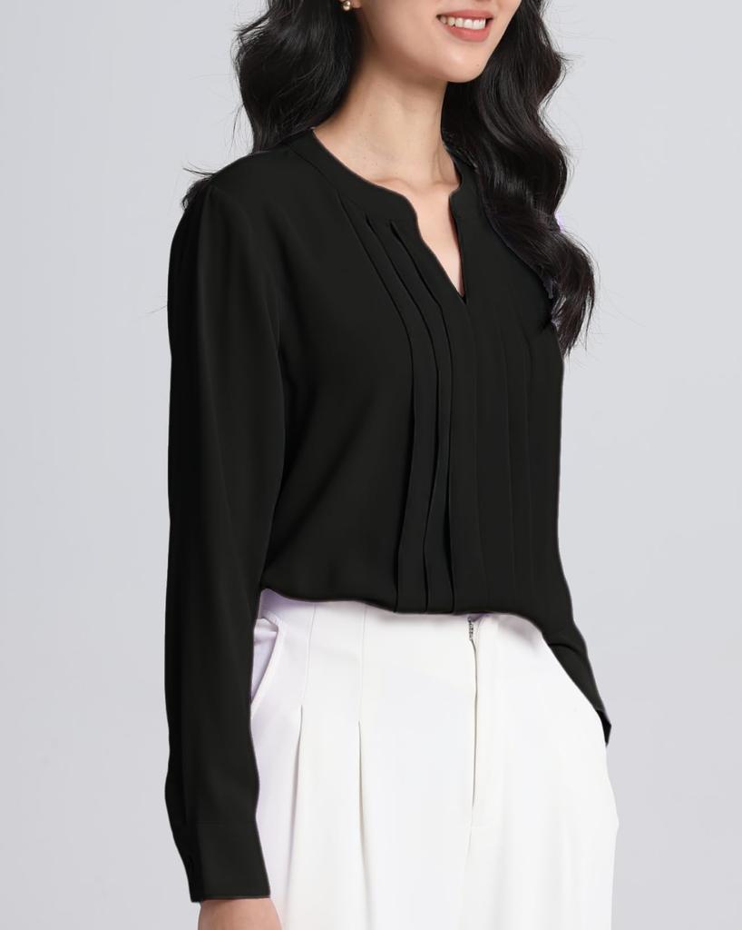 SPRING SEAON Long Sleeve Chiffon Blouse with Tucked Loose Plus Sizes Suitable for Size 2L Women's V-Neck Detail, Fit, Available, Suits, Office,