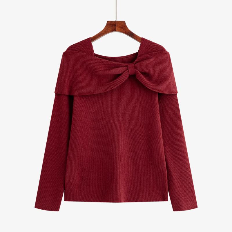 

Плюс Размер Женский Дизайн Бантик Вырез Трикотаж Темперамент Свитер XXXL бордовый