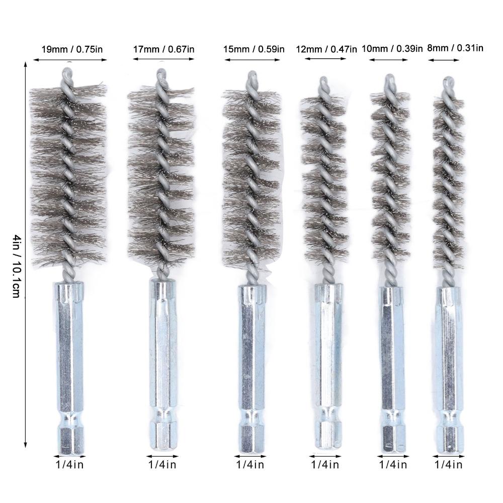 6pcs 1/4 Inch Hex Shank Stainless Steel Bore Brush Set 8/10/12/15/17/19mm Stainless Steel Bristles Wire Brush for Drill
