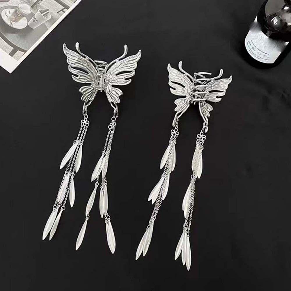 Silver Color Butterfly Tassel Hair Claw Leaf Chinese Butterfly Hairpins Metal Shark Clip  Party