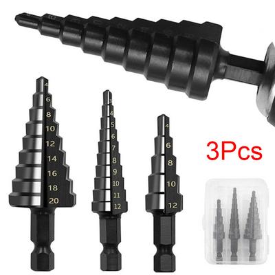 Latest 3Pcs HSS Nitriding Black Step Drill Bits 4-12mm 4-20mm Titanium Coated Wood Metal Hole Cutter Core Drilling Bit Tools Set