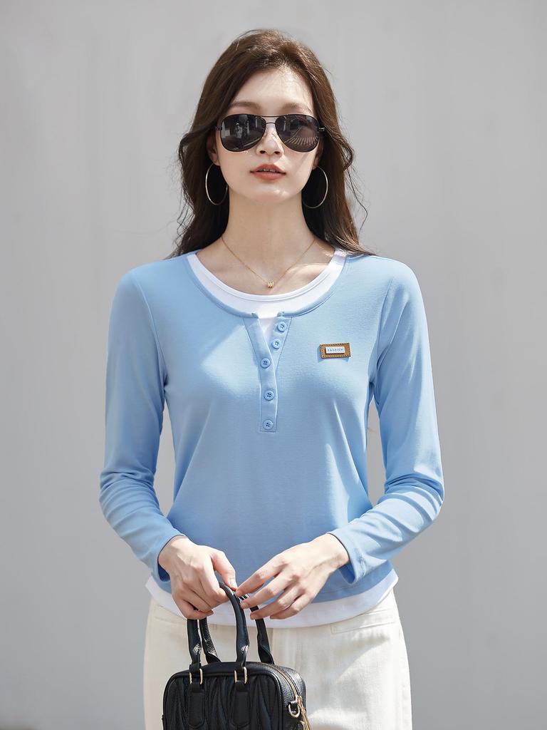 Übergröße Colorblock Langarm T-Shirt für Damen - 2025 Herbstdesign, Taillenformender Fake-Zweiteiler-Stil