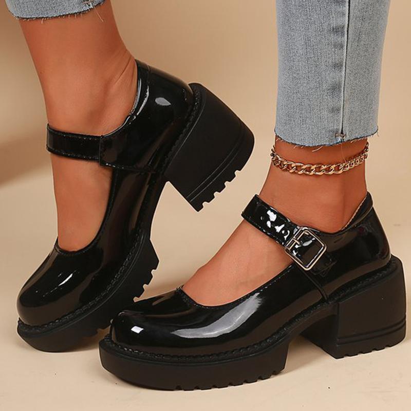Fashion Elegant Adjustable Ankle Buckle Mary Jane Shoes Women Pu Leather Thick Heel Pumps Woman Round Toe Platform Casual Shoes Ladies