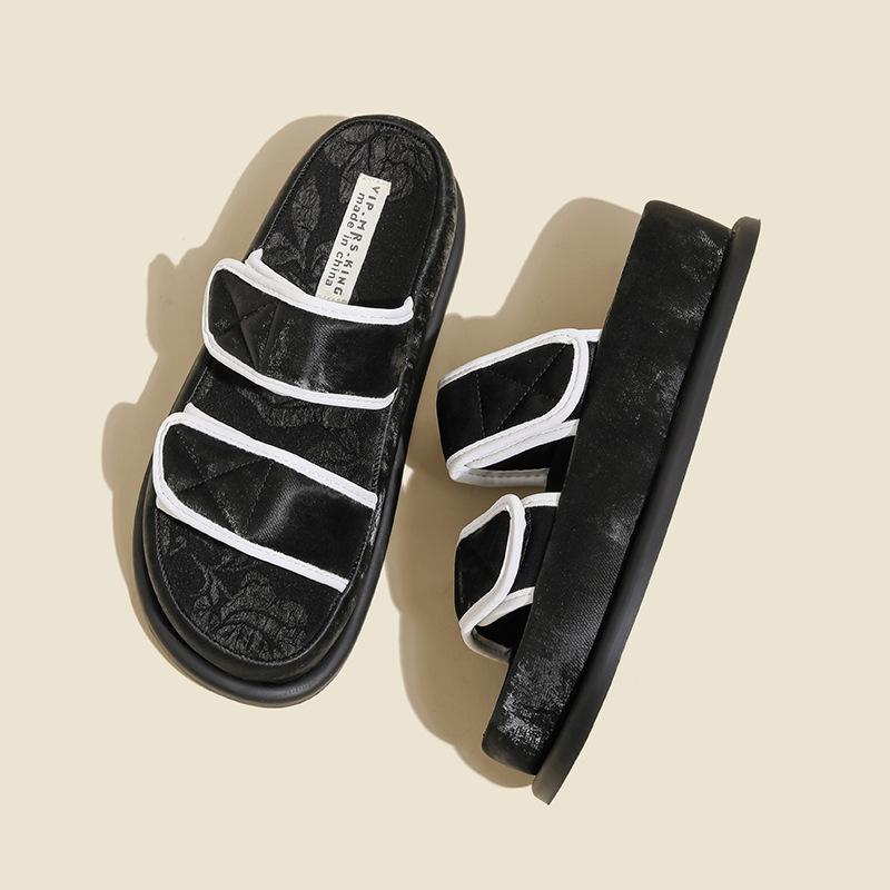 

Fashion Double Velvet Band Platform Sandals Woman Muffins Shoes Elevated Slides Causal Pantuflas Ladies Slip On Thicken Soled Slippers 35 чёрный