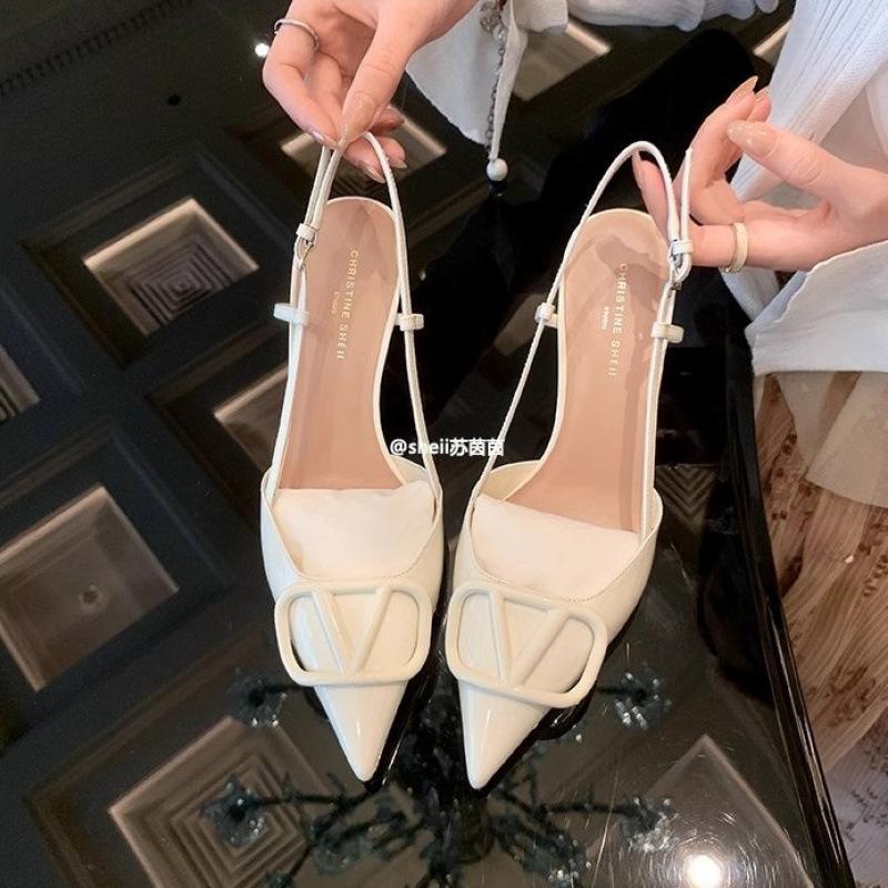 

Shoe tip V buckle leather bag head stiletto heels empty sandals commuter women 34