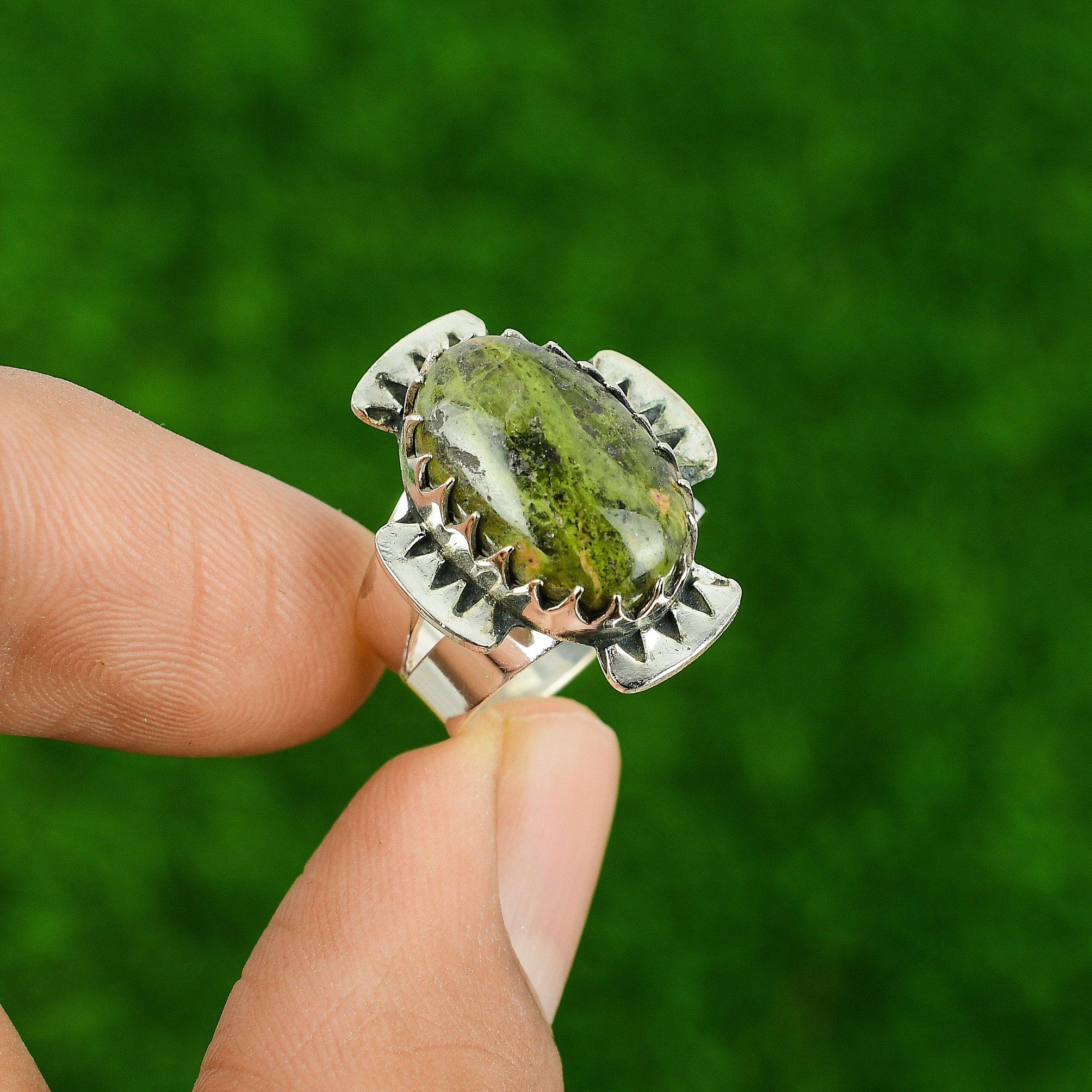 

Oval Unakite Stone Sterling Silver Promise Birthday Statement Handmade Ring US 6 6