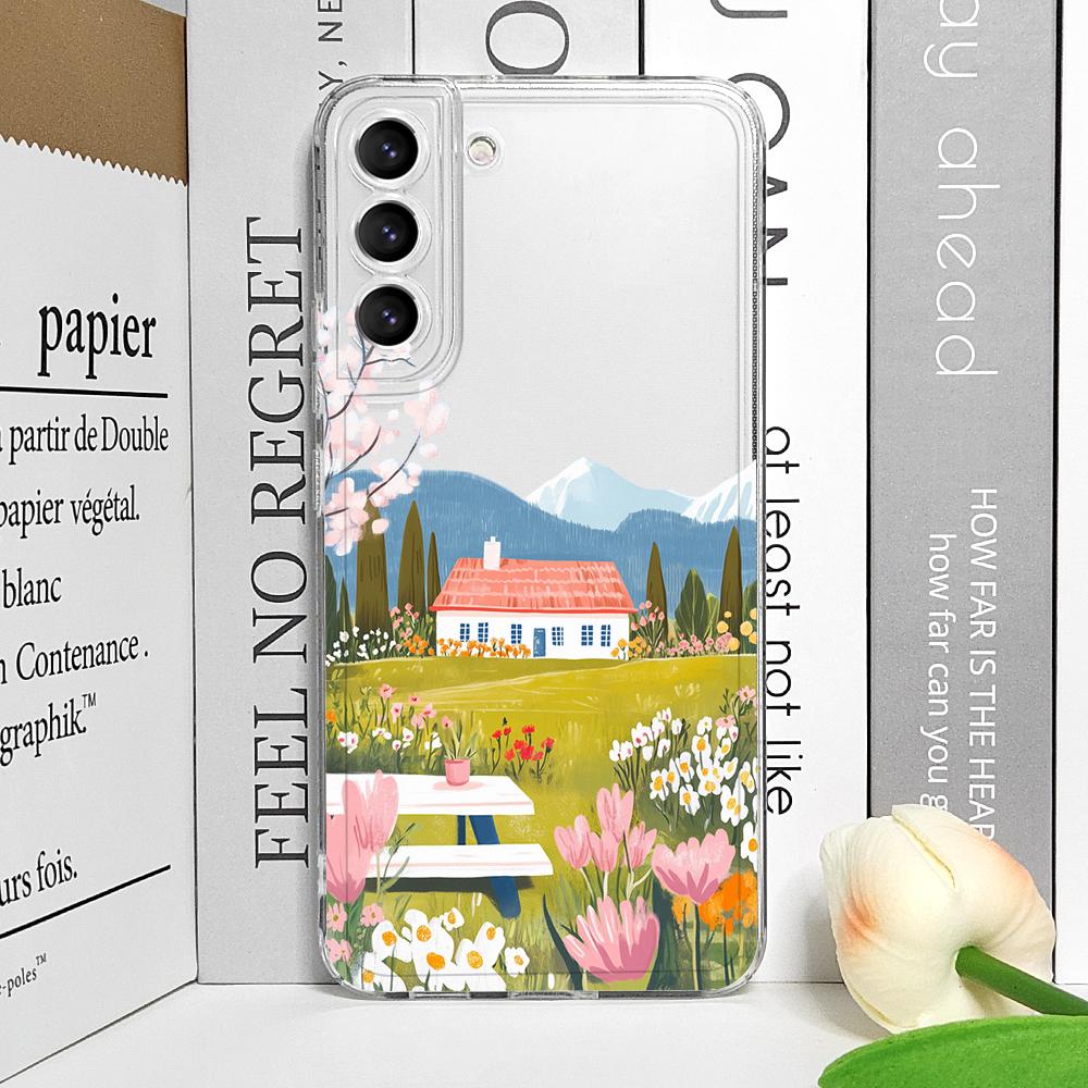 

Pink House Holiday Home Grange Scenery Phone Case for Samsung Galaxy S25 Ultra S25 Fe S24 S23 FE S22 S21+ S20 Plus 5G Soft Cover Galaxy S23+