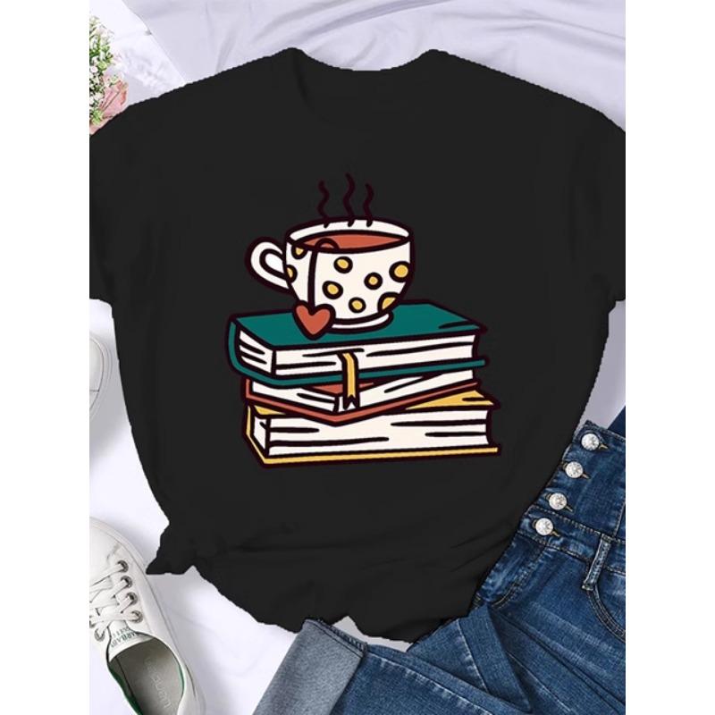 Woman Plus Size Round Neck Half Sleeve T-shirt Printed T-shirt Top New T Shirt Coffee Books Brown Books American Retro T-shirt