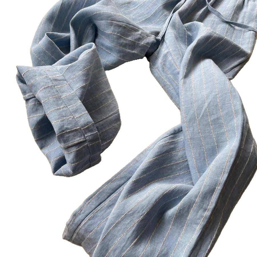 Women's High-Waisted Blue Stripe Linen Wide-Leg Pants - Slimming & Comfortable Summer Trousers