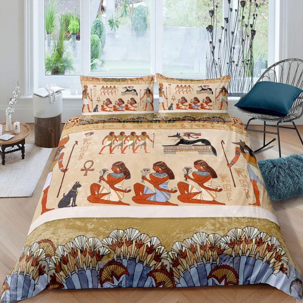 Ancient Egypt Duvet Cover Set Egyptian Symbol Bedding Set Vintage Pharaoh Pyramid Boho Tribal Polyester Quilt Cover 2/3pcs Queen