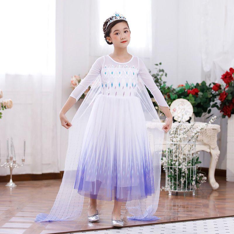 Snow Queen Frozen2 Cosplay Costume Elsa White Fancy Birthday Party Dress Outfit