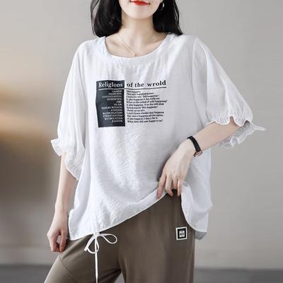 Women Short Sleeve Printed Cotton Shirt Summer Fashion Loose Korean Style Blouse Cover Belly