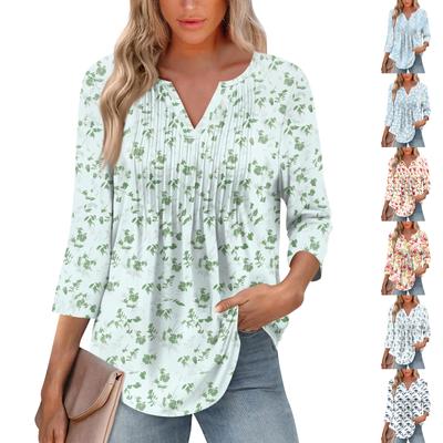 Modisches, lässiges T-Shirt mit plissiertem V-Ausschnitt und einfarbigen Siebenviertelärmeln für Damen