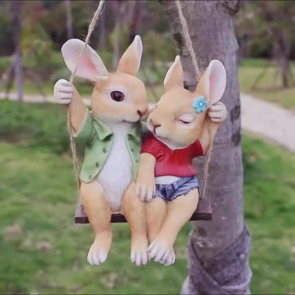 Garden Decor Resin Swing Couple Rabbit Ornament Cartoon Cute Animal Sculpture Hanging Creative Bunny Statue Pendant Courtyard
