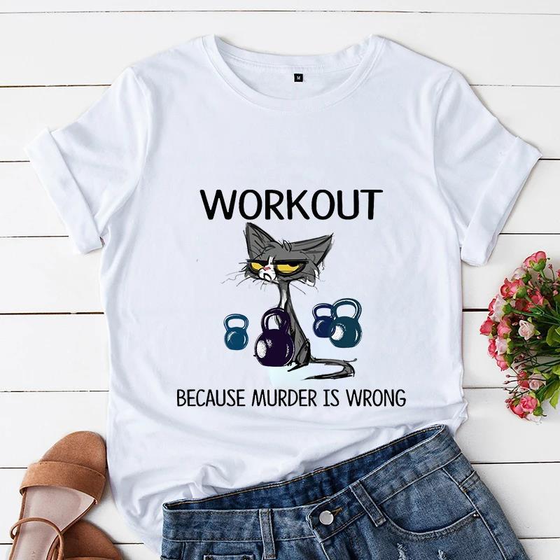 Sommer Kurzarm T-Shirt bedruckt mit Schwarzer Katze Gartenarbeit Lässig Lockeres Oberteil, Modische Reine Baumwoll-T-Shirts Damen