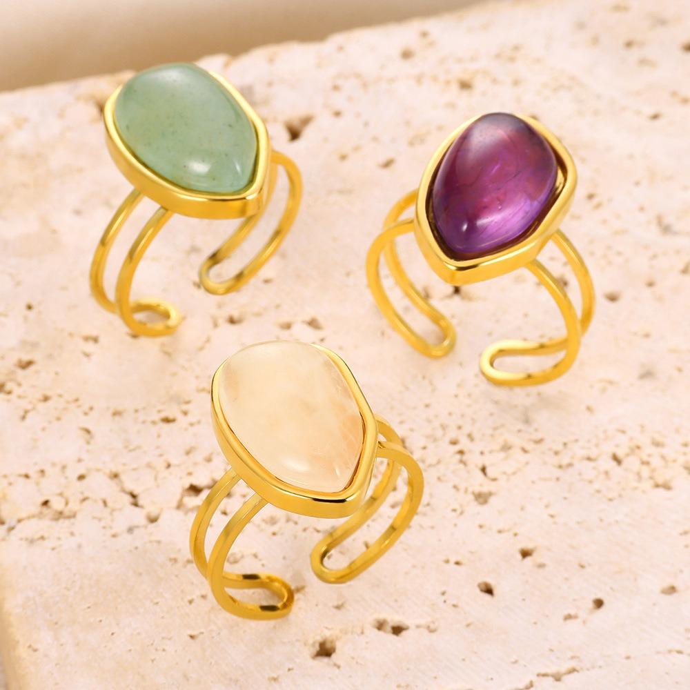 Temperament Retro Geometry Water Drop Natural Stone Stainless Steel Double Layer Adjustable Opening Rings for Women Jewelry Gift