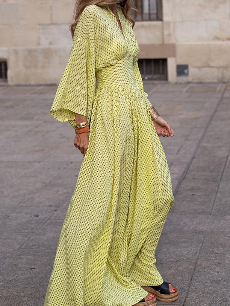 Autumn Style Long Sleeve Loose V-Neck Ruched Waist Maxi Dress for Women