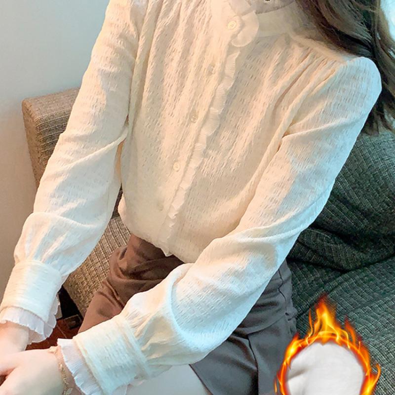 Women's Autumn and Winter Long-sleeved Bottom Shirt with A Stand-up Collar and Velvet Shirt with A Temperamental Palace Chiffon Top