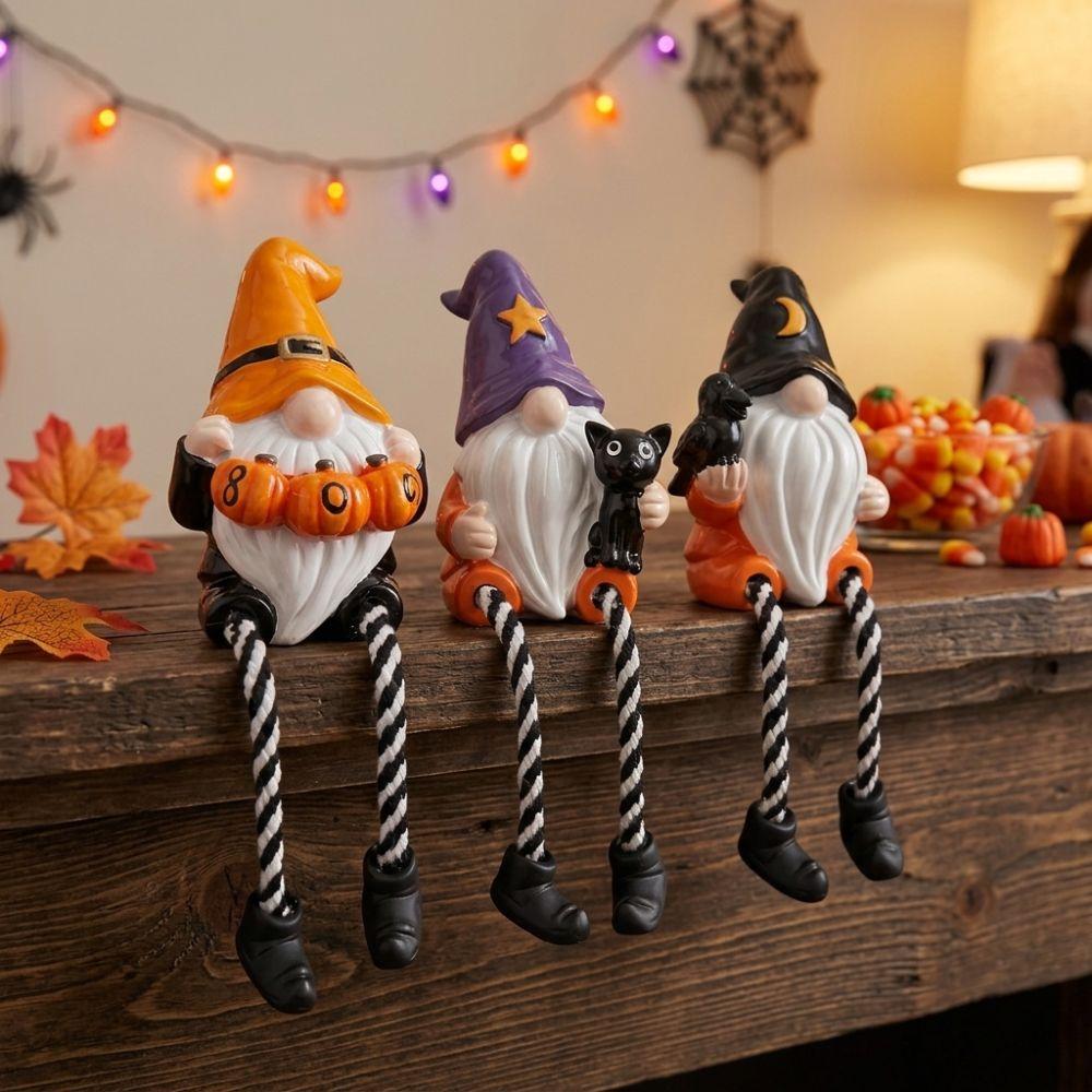 Hand-Painted Halloween Gnome Shelf Sitter Resin Dangling Leg Gnome Statue Home Garden Decor