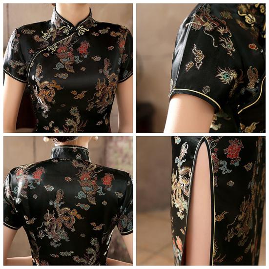 Ethnic Vintage Women Chinese Dragon Phoenix Embroidery Long Slim Cheongsam Dress