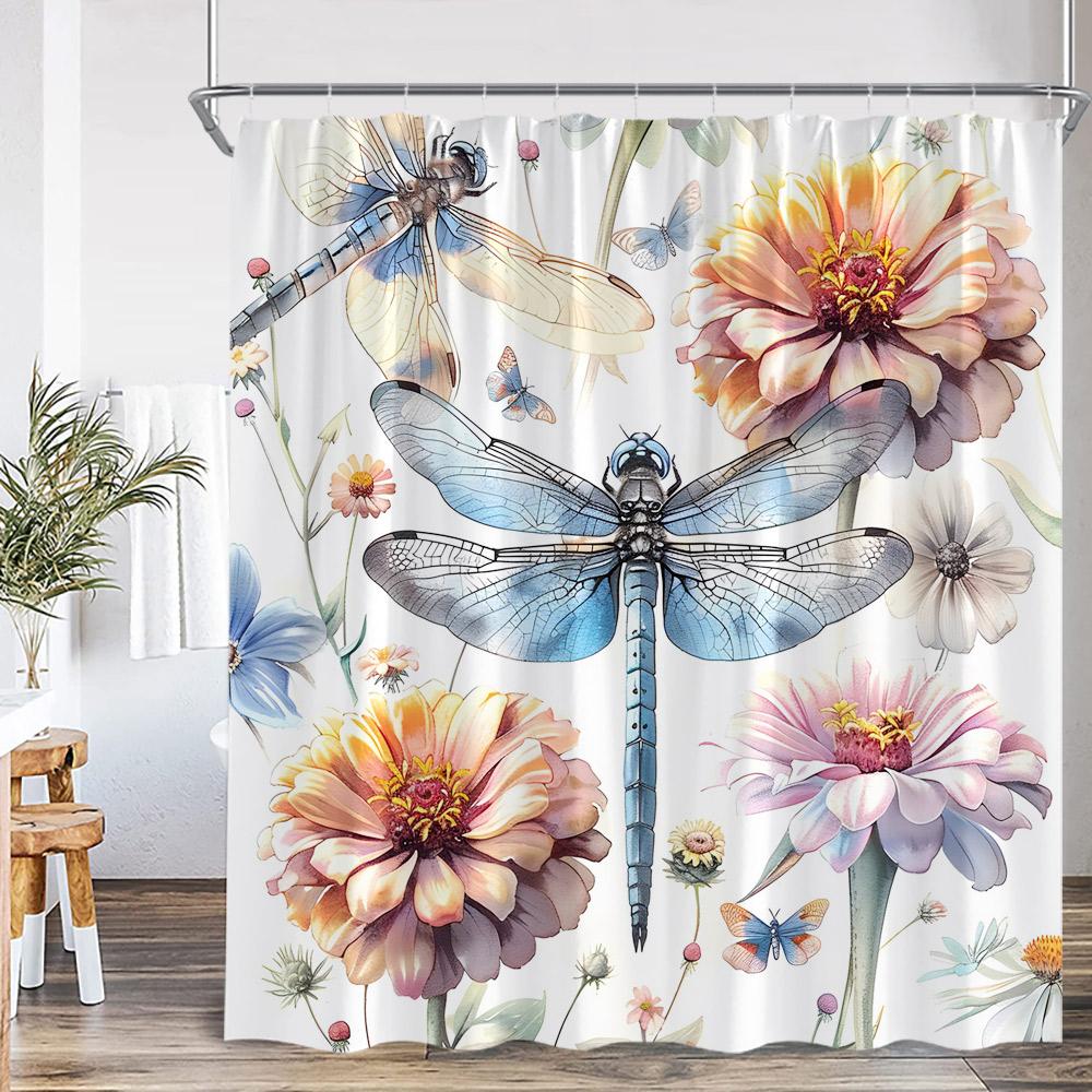 Dragonfly Floral Shower Curtain Insect Flower Wistera Plant Bathroom Decor Modern Polyester Bath Curtain With Hook With Hook