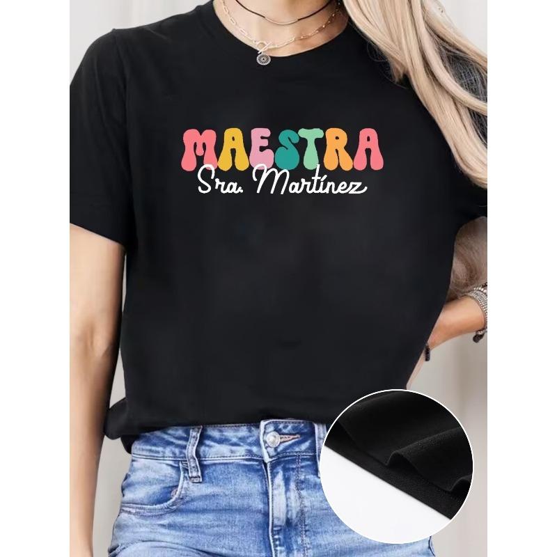 

Women s Casual Short Sleeve T-Shirt with Colorful Spanish Letter Print - Relaxed Fit Round Neck Spring Summer Top, Machine Washable 4XL чорний
