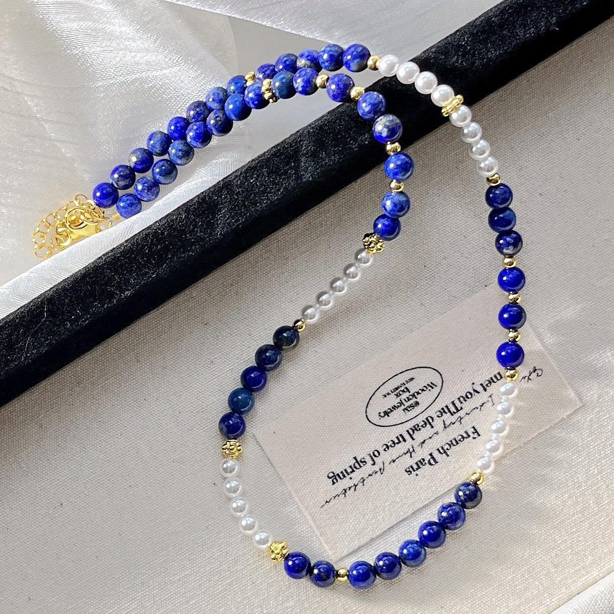 4Mm High Quality Natural Lapis Lazuli Artificial Crystal Pearl Necklace Collarbone Chain