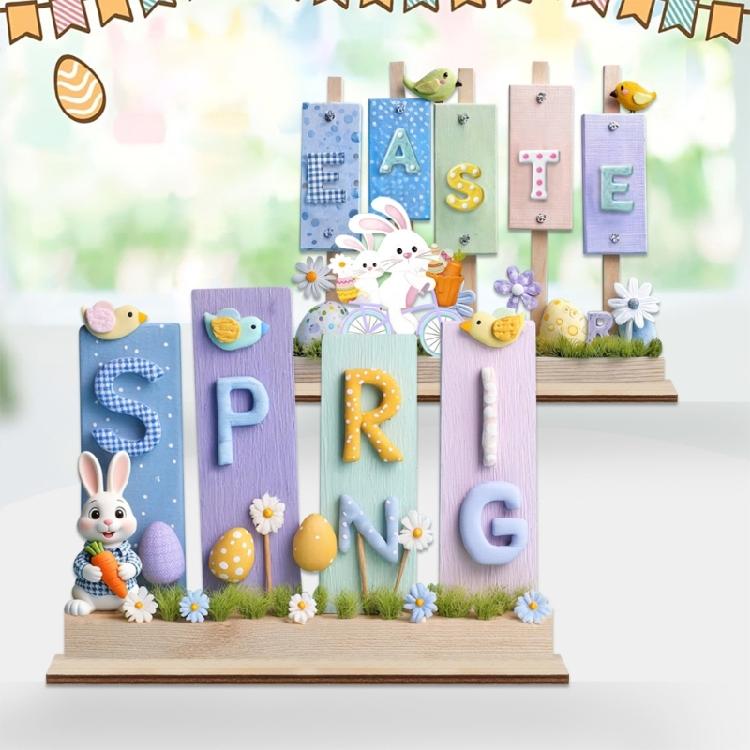 Easters Decors Wood Happy Easters Signs Block Tabletop Ornament Easters Bunnies Centerpieces Dining Room Kitchen Decors