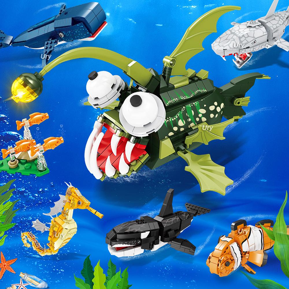 Moc Animale Marine Oceanice Hipocamp Balenă Ucigaș Pește Lanternă Set Model Blocuri de Construcție Diy Copii Asamblează Jucărie pentru Copil Cadou