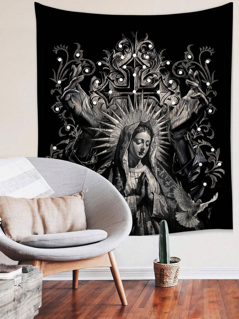 1 Virgin Mary Gothic Tapestry Single Sided 2D Print Sacred Wall Hanging Home Prayer Room Living Room Bedroom Serene Vibe Decor