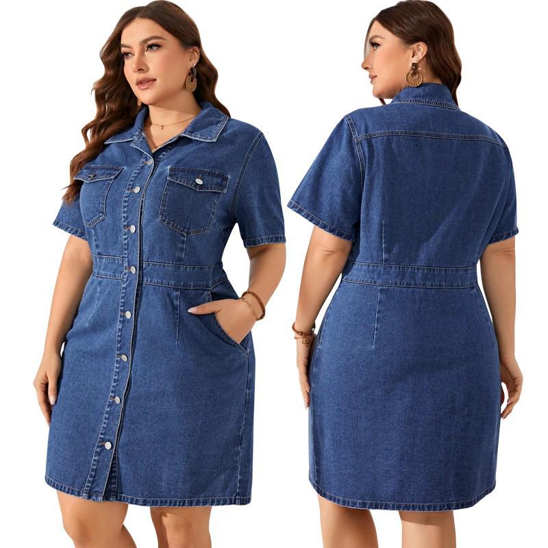 

Cross-border Plus Size Women s Short Sleeve Lapel Cardigan Dress 1XL синий