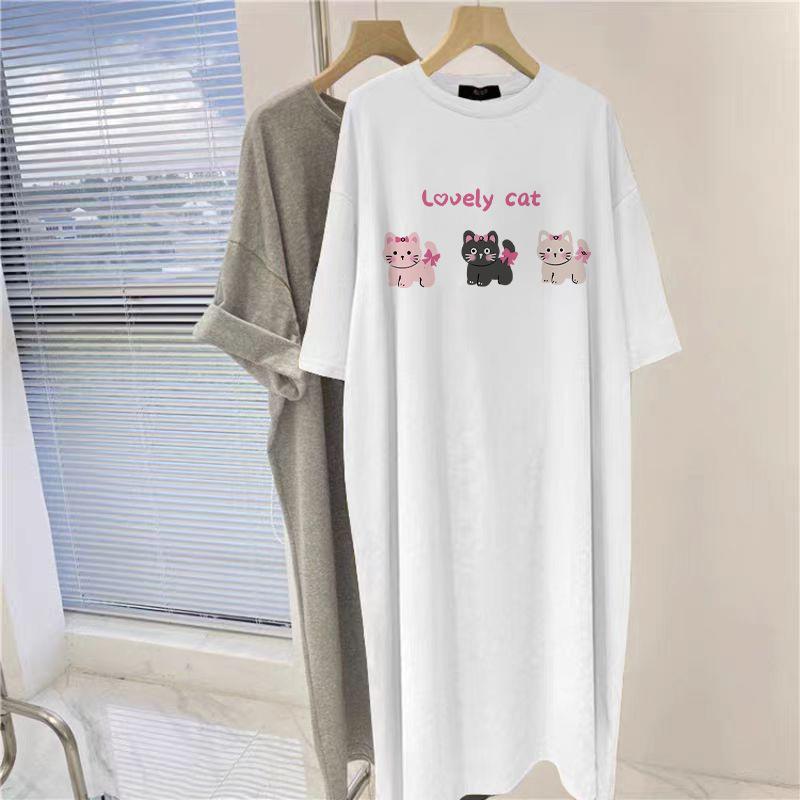 Średnia i Długa Czarna Bawełniana Sukienka z Krótkim Rękawem do Kolan dla Kobiet Letnia Najnowszy Zagraniczny Styl Wygodny Krój Spódnica T-shirt z Rozcięciami
