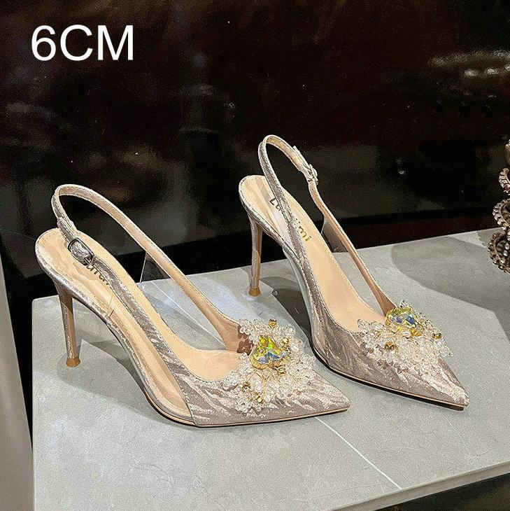 Fashion 2025 New Fine Heel Pointy Diamond Pumps Pearl Wedding Shoes Sparkles Baotou Glass Glue High-heeled Sandals