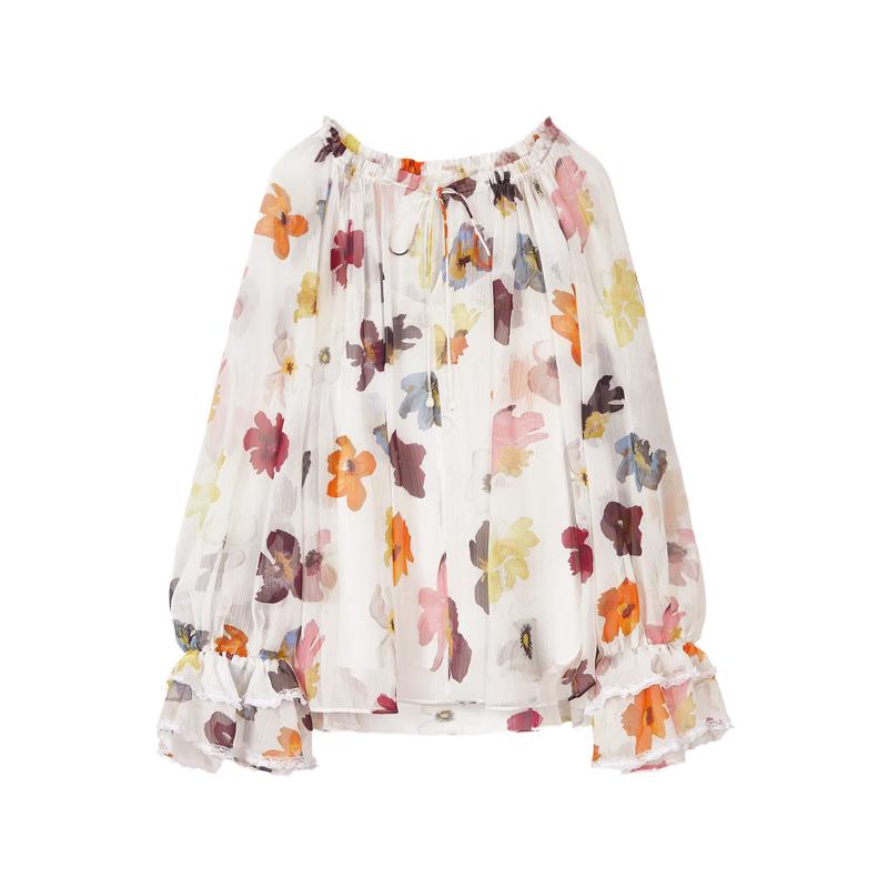 LANCY Floral Print Chiffon Puff Sleeve Top L
