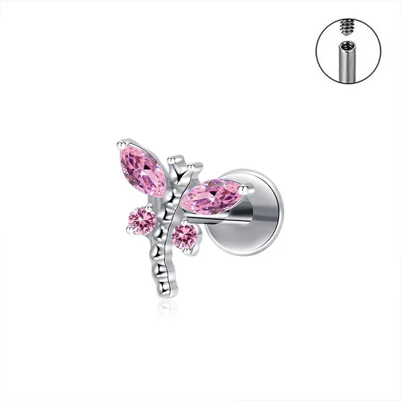 Piercing Labret Mini Libellula in Titanio ASTM F136 con Zirconia Cubica Orecchio Helix Flat Trago Orecchino Anello Naso Piercing Labbra