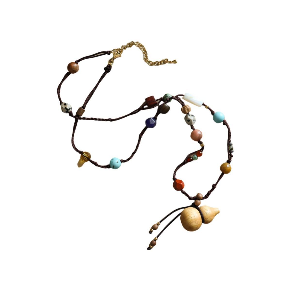 Woven Sweater Necklace for Women, Exquisite Sandalwood Gourd Turquoise Pendant Design Niche High End Autumn Winter Accessories