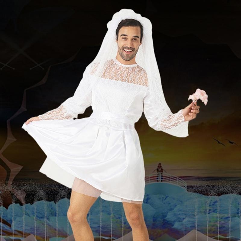 Funny Bride Costume Bridal Veil White Wedding Dress with Belt Funny Novelty Fancy Dress Outifts for Stag Do Hen Party