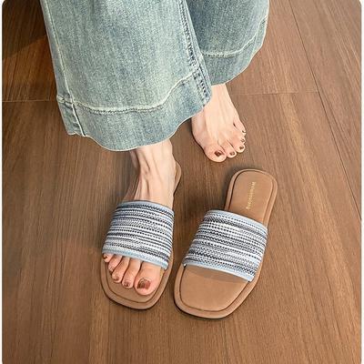 Korean Version of Square Head Matte Color Matching Woven One-word Slippers Retro Casual Versatile Skirt Flat Bottom Cool Slippers Women