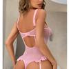 Women Lace One Piece Lingerie Stylish Elegant Breathable Mesh Backless Strap Bodysuit with Thigh Strap Pink S