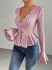 Women's clothing European and American elegant style T-shirt spring and summer new V-neck ruffle leaf edge slim temperament scratching top