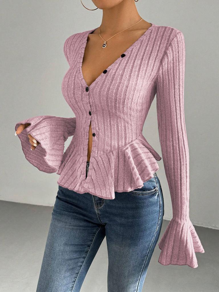 Women's clothing European and American elegant style T-shirt spring and summer new V-neck ruffle leaf edge slim temperament scratching top