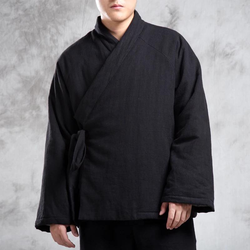 

Осень Зима Мужское Пальто Куртка в Китайском Стиле Теплое Льняное Утепленное Мужское Повседневное Льняное Пальто Танский Костюм Мужское Толстое Ханфу XXL чёрный