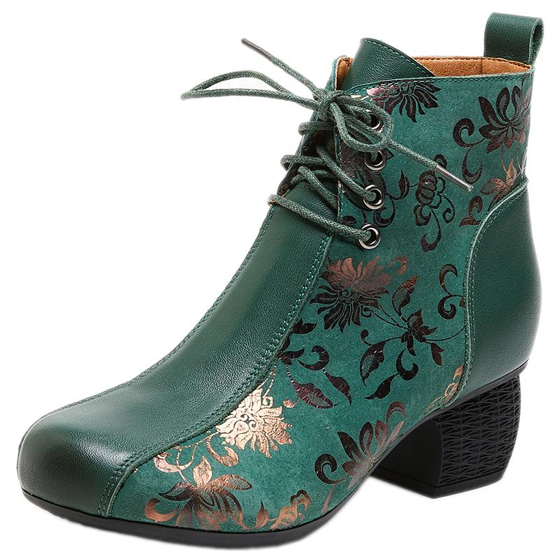 Fashion GKTINOO Genuine Leather Ankle Boots 2025 Winter New Ethnic Printed Women's Boots Soft Soles Thick Heels Mother's Leather Boots